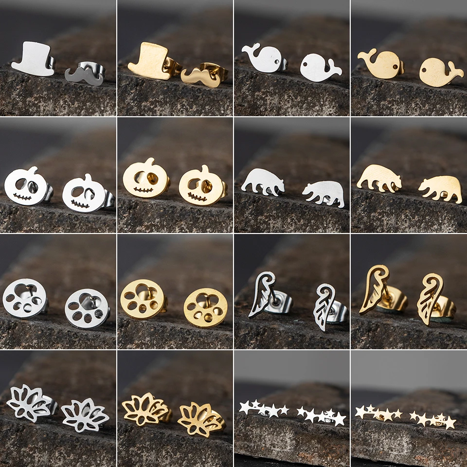 New Minimalist Multiple golden Stainless Steel Animal Heart Cute Stud Earrings for Women Girls Ear Ornaments  Jewlery Gifts