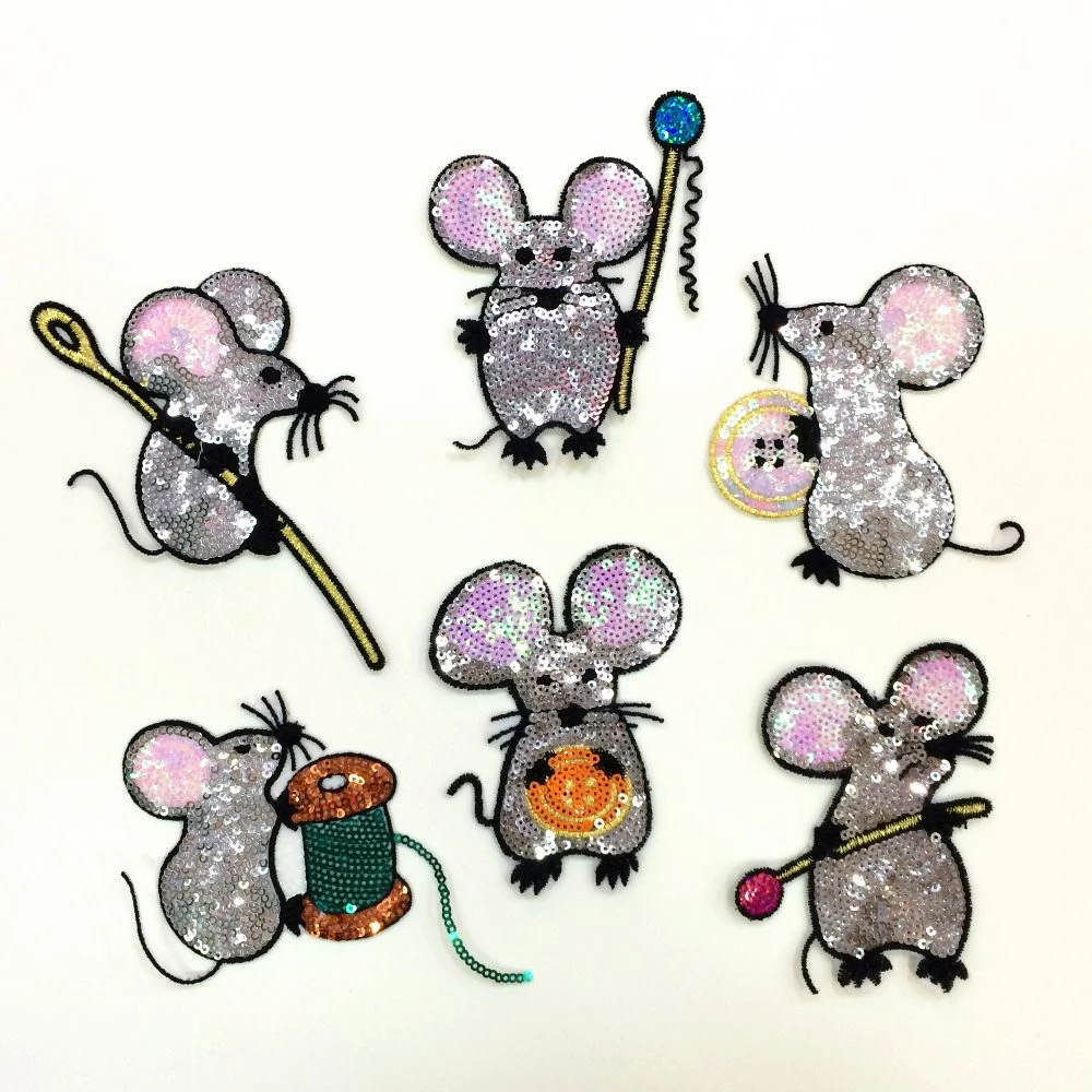 Set of 6 Cute mouse sequins patches vintage embroidered applique T-shirt coat patch sewing garment accessories Diy decoration