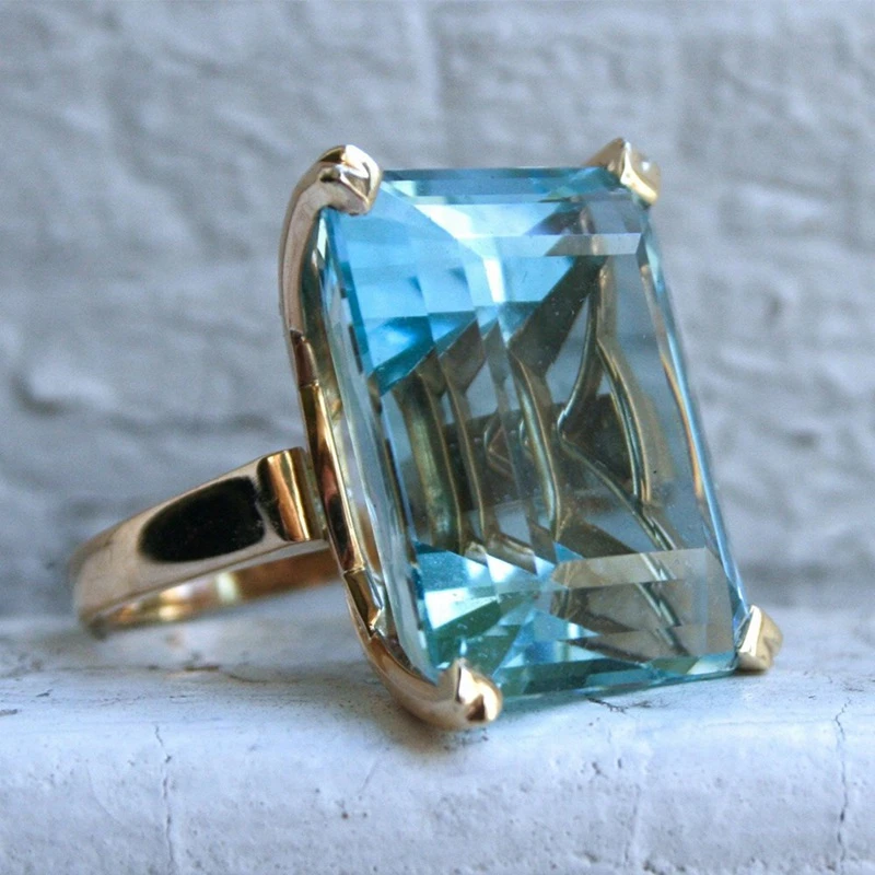 Big Square Shape Rhinestone Rings For Women Sea Blue Princess Crystal Ring Weddings /Party Trendy Jewelry
