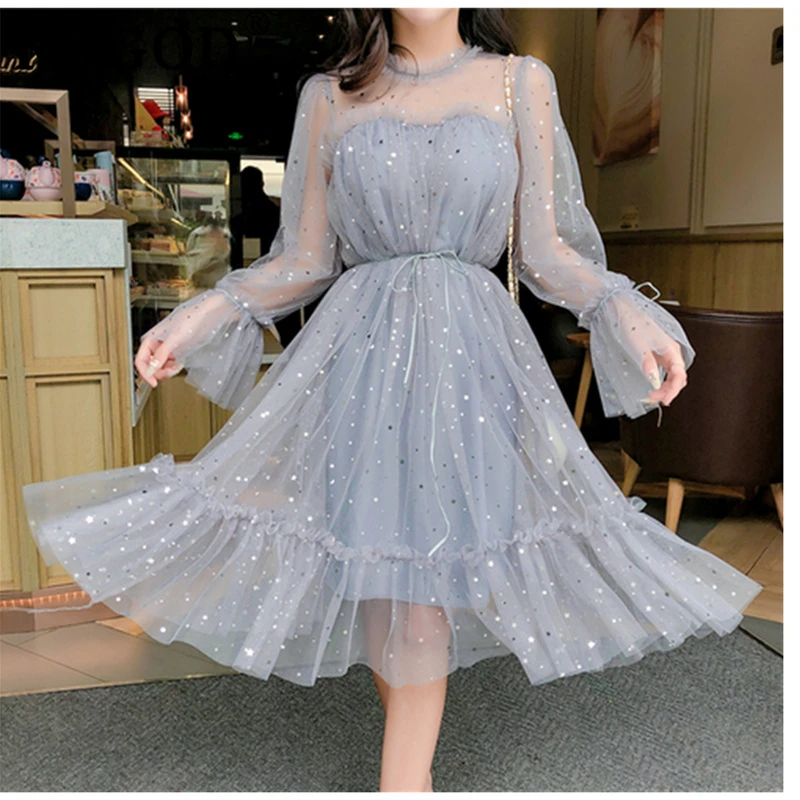 RUGOD Dress Women Korean Chic Fairy Transparent Long Sleeve High Waist Lace-Up Mid-length Vestidos Female Fashion Tide Robe 2021