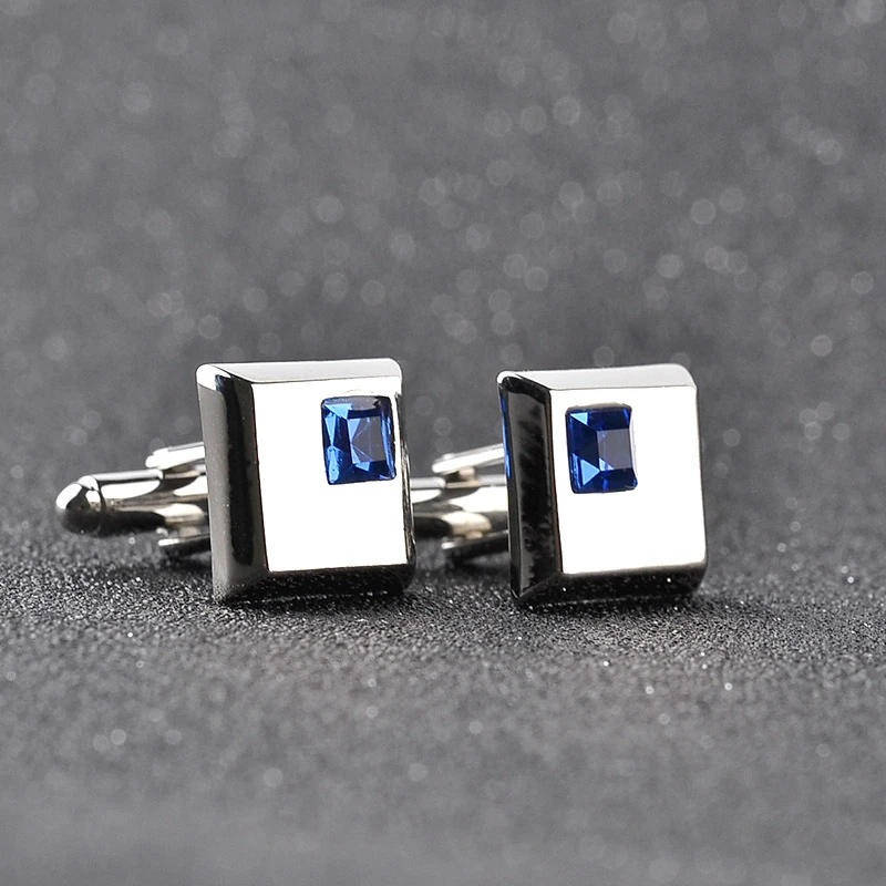 A Pair High Quality Trendy Silver Color Square Cufflinks Classic Men Luxury Blue White Crystal Cuff Links French Shirt Cufflink
