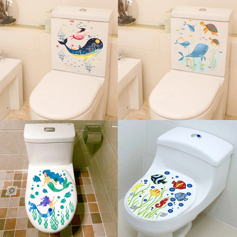 Sealife Fish Toilet Seat Stickers Home Decoration Diy Flower Underwater Scenery Mural Art Bathroom Room 3d View Pvc Wall Decal