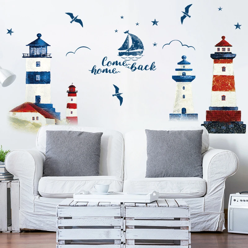 Sea sailboat Lighthouse Wall Stickers Background decoration bedroom living room TV sofa Mural Wallpaper Art Decals sticker