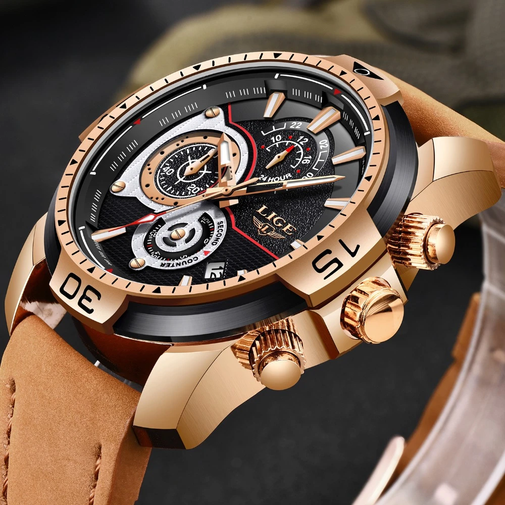 2021 LIGE Mens Watches Top Brand Luxury Casual Leather Quartz Clock Male Sport Waterproof Watch Gold Watch Men Relogio Masculino