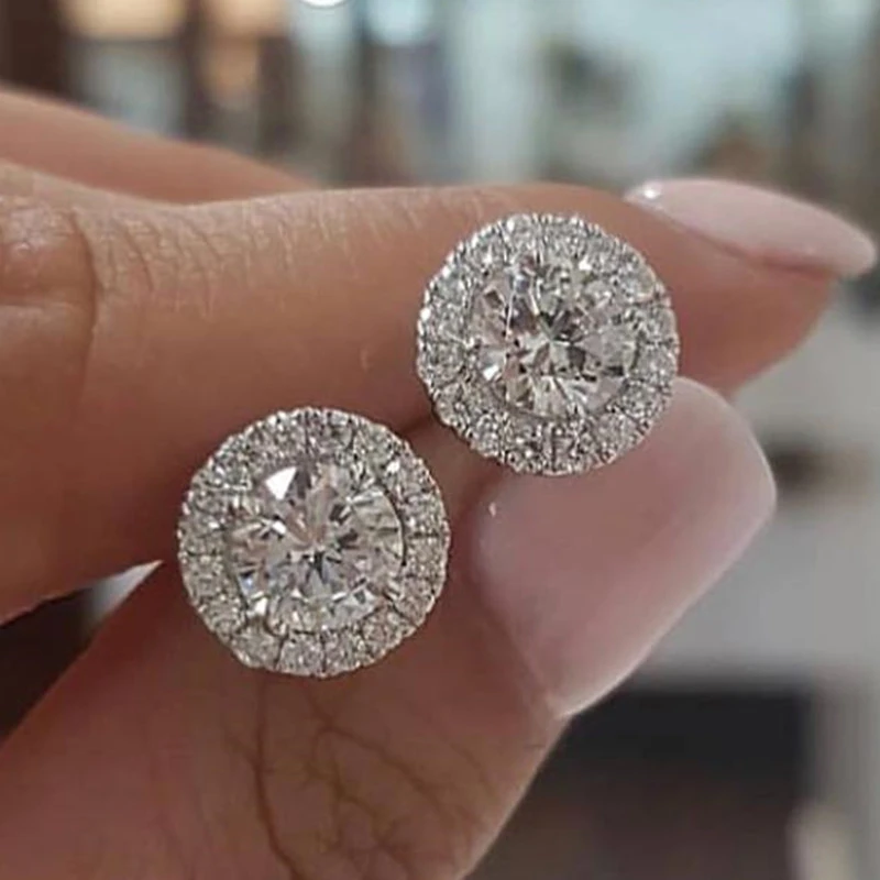 Female Luxury Crystal Round Stud Earrings Vintage Silver Color Wedding Jewelry White Zircon Stone Earrings For Women