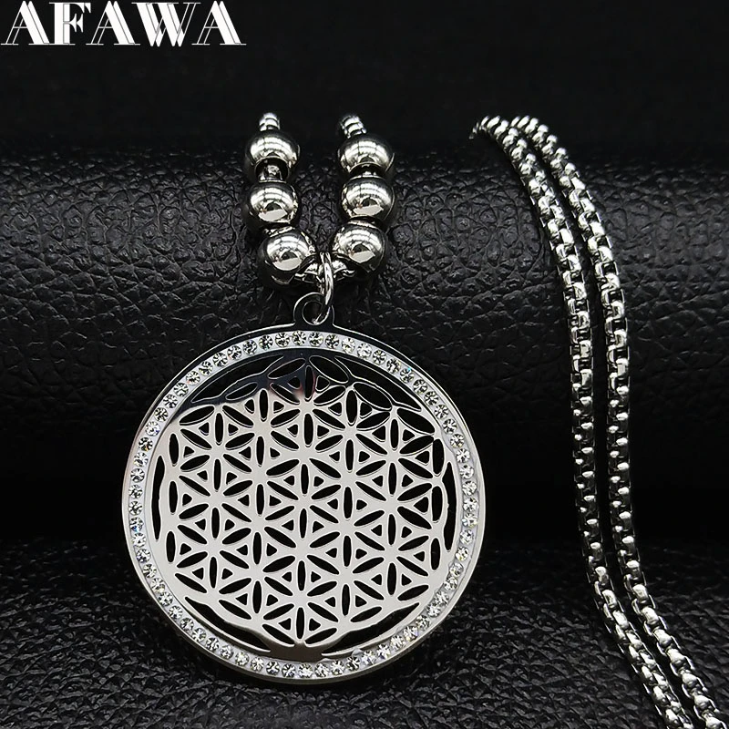 2021 Flower of Life Crystal Stainless Steel Chain Necklace Women Silver Color Bead Long Necklace Jewelry colgante mujer N129S02