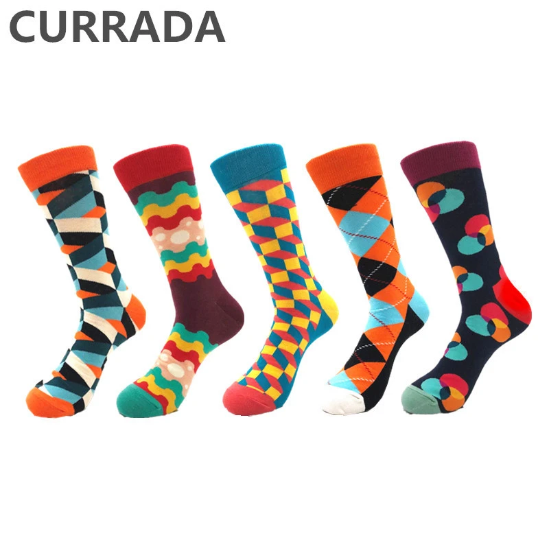 5pairs/lot Brand Quality Men Socks Combed Cotton colorful Happy Funny Socks Hot Sale fashion Casual long Mens compression socks