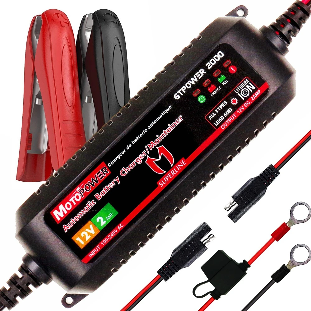 MOTOPOWER  2AMP Automatic Smart 12V Car Battery Charger for both Lead Acid Batteries and Lithium Ion Batteries  Motorcycle Boat