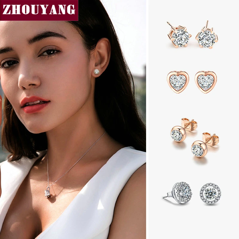 ZHOUYANG Stud Earring For Women 27 Style Classic Cubic Zirconia Wedding Rose Gold Color & Silver Color Fashion Jewelry E035