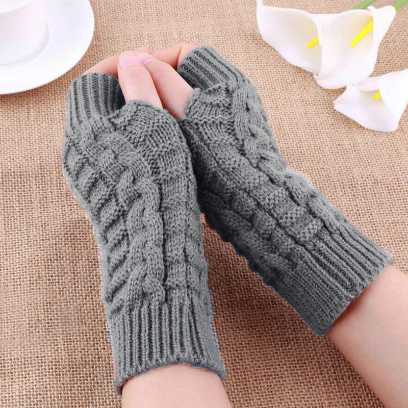 Winter Warm Gloves For Women Girls Knitted Solid Color Mittens Fingerless Thick Artificial Wool Gloves