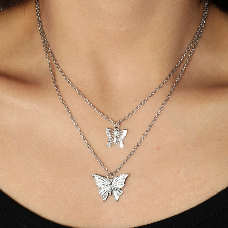 Simple Style Hollow Cute Animal Butterfly Clavicle Chain Jewelry for Women Long Pendants Necklaces 2 Color Charms Bijoux