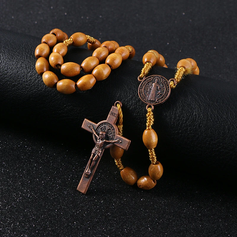 KOMi Handmade Weave Saint Benedict Medal Antique Wooden Rosary Cross Necklace Vintage Catholic Religious Jesus Jewelry ожерелье