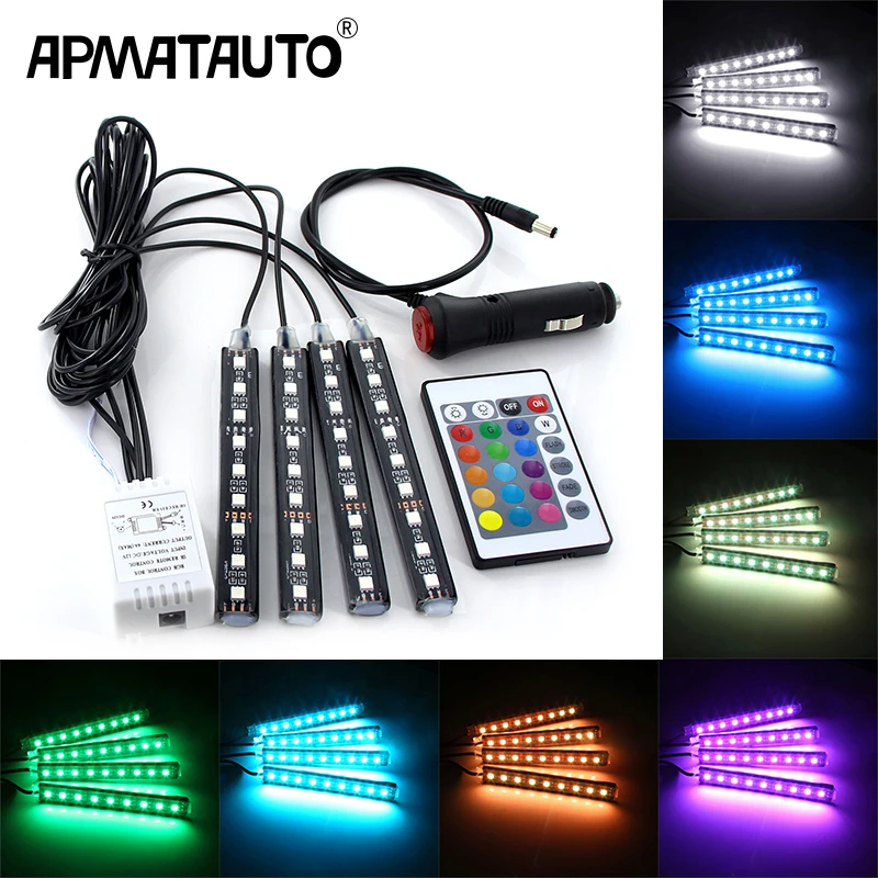 4pcs Car RGB LED Strip Light LED Strip Lights Colors Car Styling Decorative Atmosphere Lamps Car Interior Light With Remote 12v