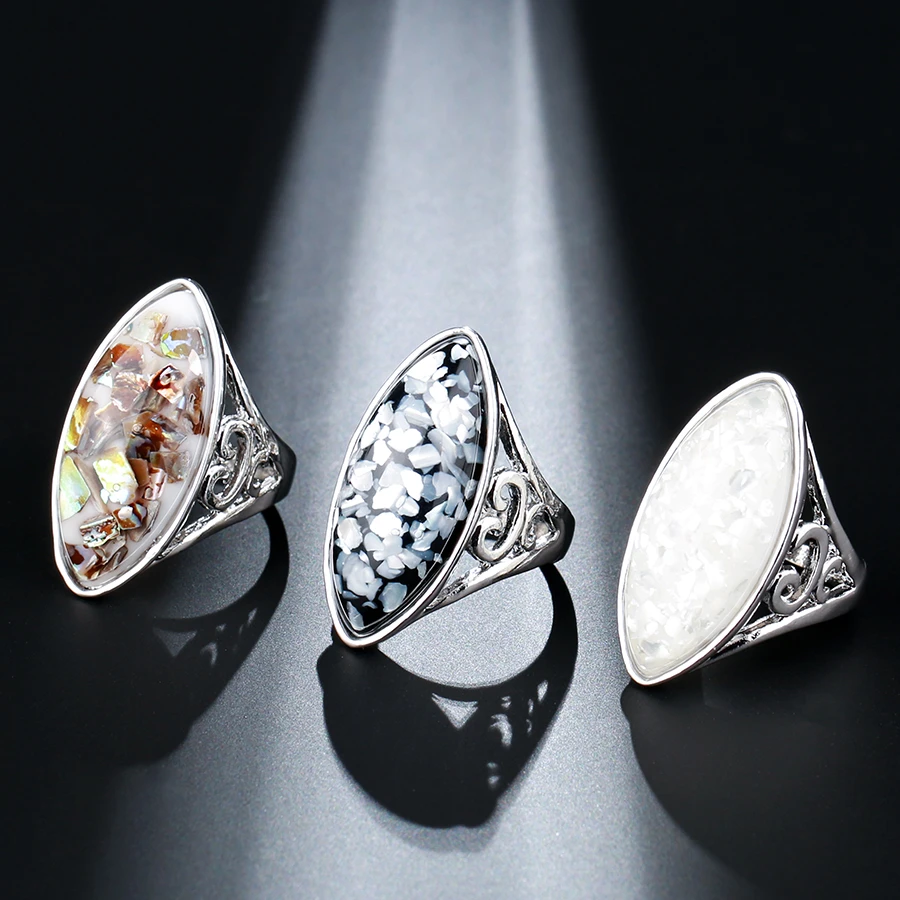 Kinel Luxury Colorful Shells Ring For Women Dazzle Artificial Coral Accessories Vintage Silver Color Big Oval Rings 2018 New