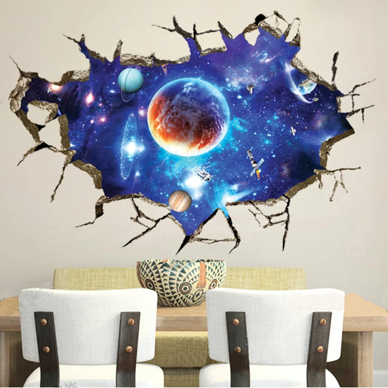 3D Cosmic Space planet Broken wall stickers for kids rooms bedroom nursery home decoration decals murals Break the wall sticker