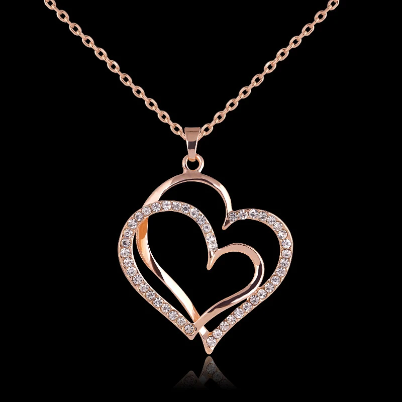 Summer style Rose gold color Crystal Double Heart Pendant Luxury Jewelry Love heart Necklaces Valentine's Day Wedding Jewelry