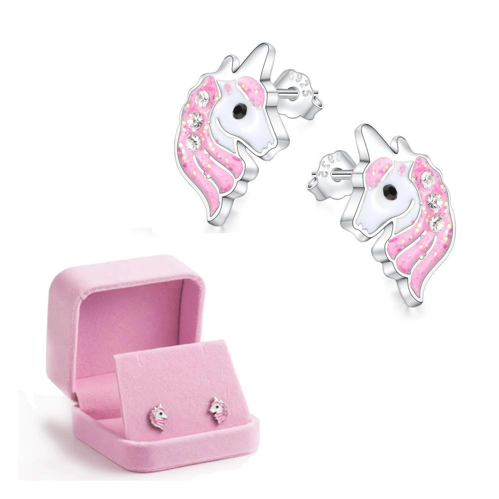 Pink Unicorn Earrings for Women girls Cute Animal Horse Stud Earrings Jewelry oorbellen brinco feminino chrismas gift case