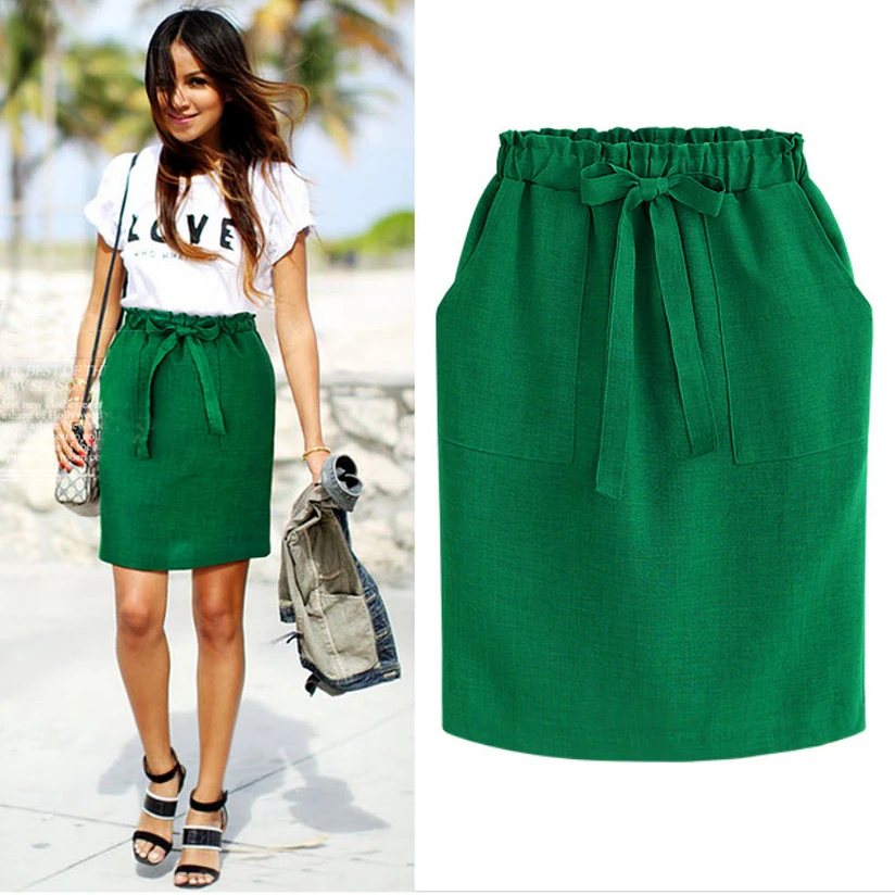 2021 New Spring Summer Elegant Midi Skirts Womens Office Pencil Skirt Cotton Elastic Waist Package Hip Skirt Bow Skirt Green