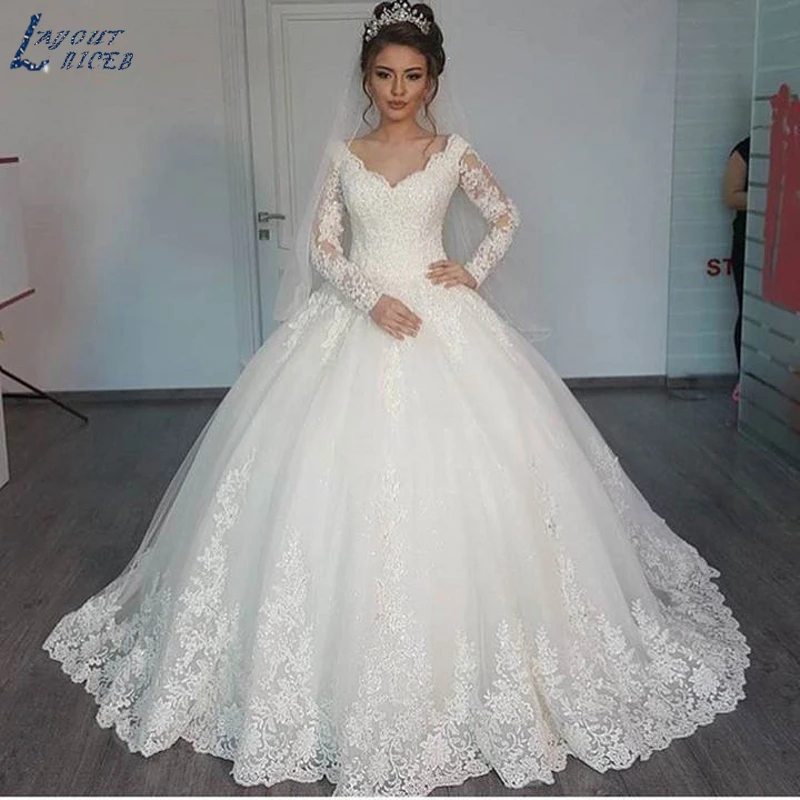 LAYOUT NICEB Ball Gown Long Sleeve Vintage Wedding Dress 2021 Elegant Lace Appliques vestido De Noiva Sweep Train Bride Bridal