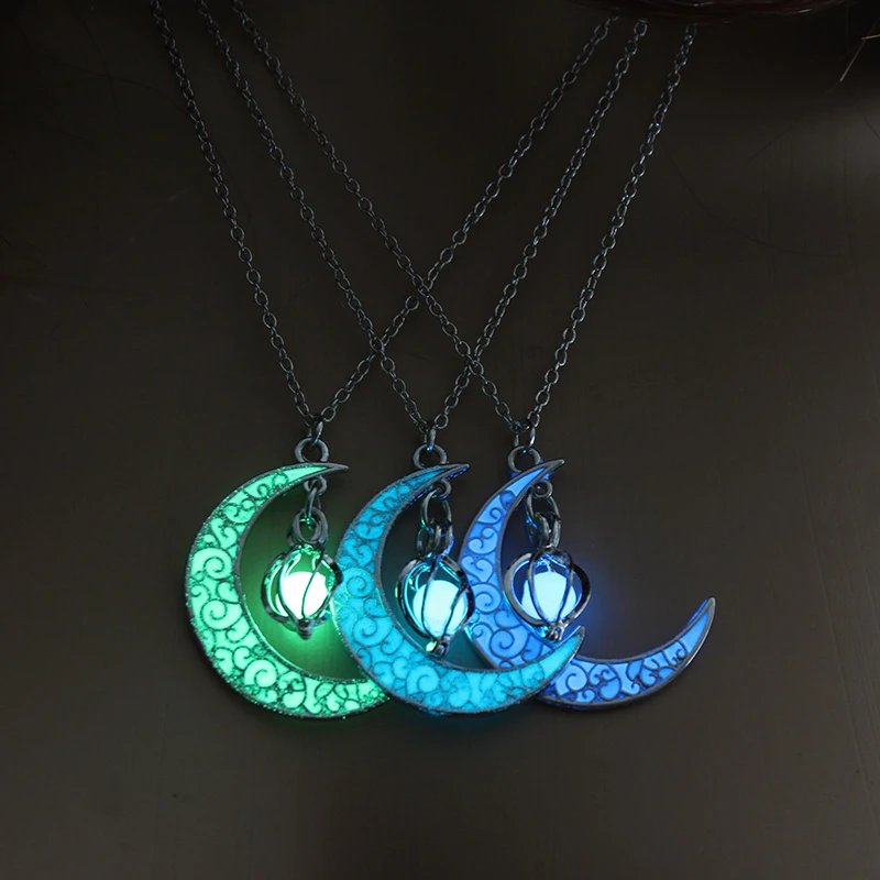 2021 Moon Glowing Necklace Gem Charm Jewelry Silver Plated Women Halloween Pendant Hollow Luminous Stone Pendant Necklace Gifts