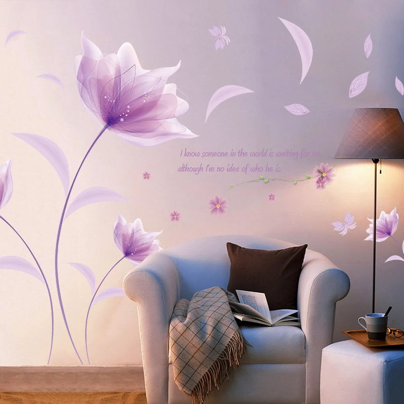 Romantic Purple flowers Wall Sticker love living room bedroom for Home Decor Art Decals background stickers Wallpaper decoration