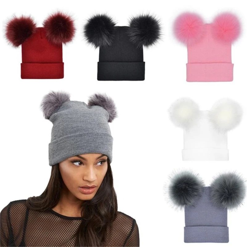 Women Double Faux Fur Pom Pom Hat Pompom Hat Winter Hats for Women Knitted  Beanie Women Girls Winter Caps Skullies Beanies