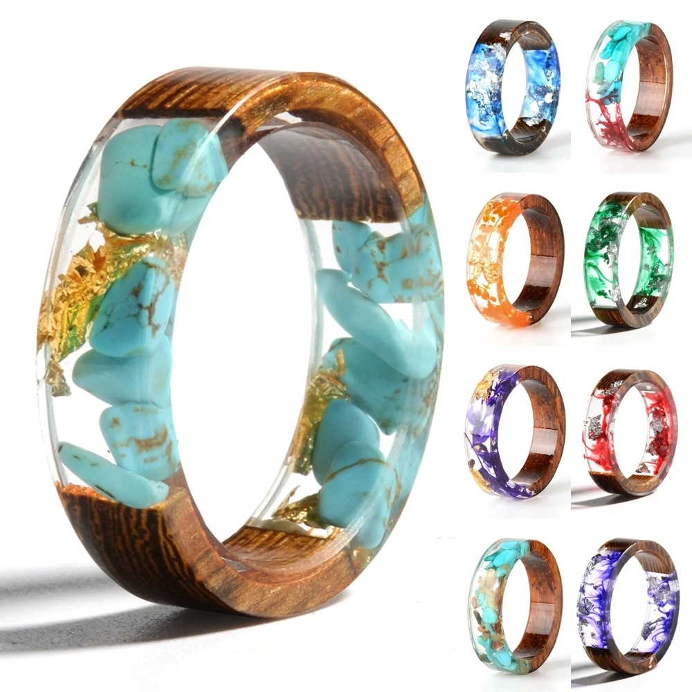 Wood Resin Ring Transparent Epoxy Resin Ring Fashion Handmade Dried Flower Wedding Jewelry Love Ring for Women 2019 New Design