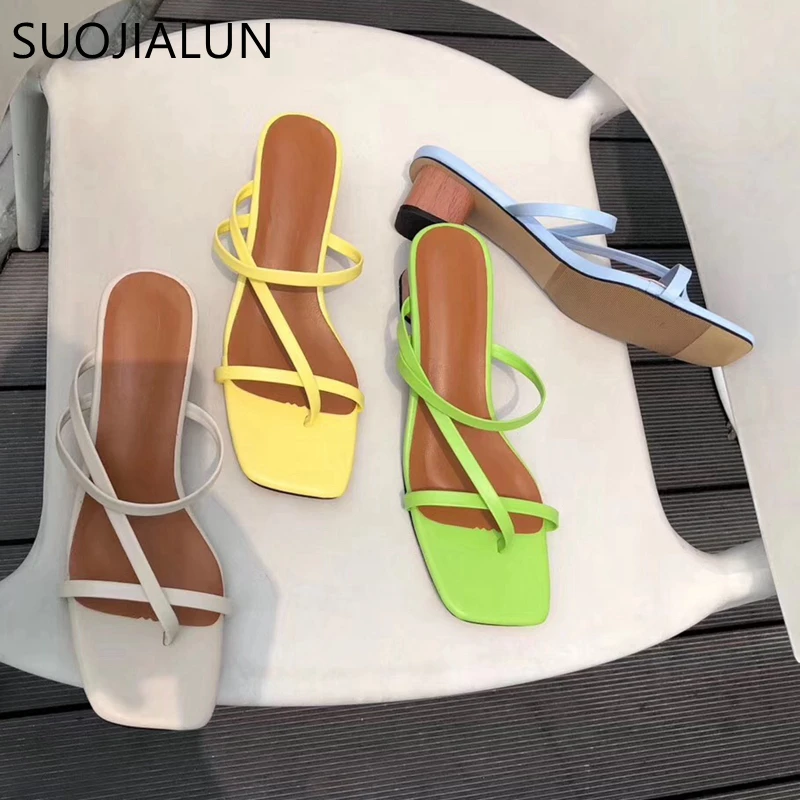 SUOJIALUN 2021 Brand Summer Women Slipper Low Heel  Slides Female Peep Toe Square Heel Sandal Vacation Flip Flops mujer Shoes