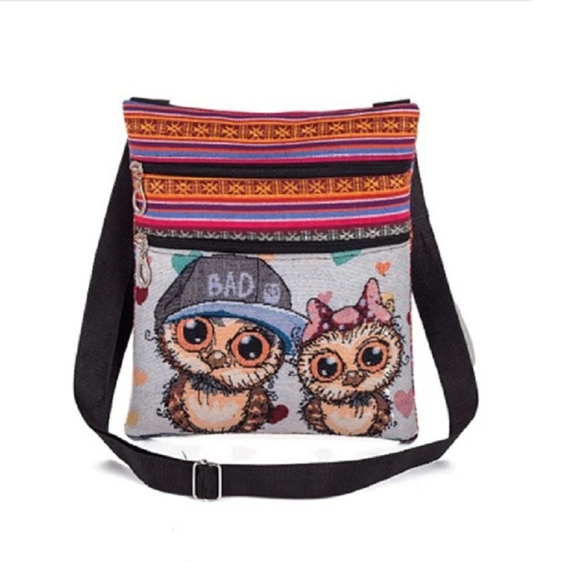 Miyahuose Owl Printed Mini Shoulder Bag Fashion Lady Small Double Zipper Travel Messenger Bag Small Travel Bag For Teenage Girls