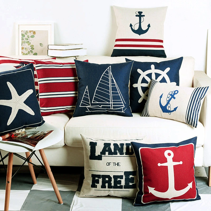 Navigation Navy Blue Nautical Shell Starfish Linen Pillow Marine Cushion Cover Sofa Piaochuang Pad Home Decoration Pillowcase