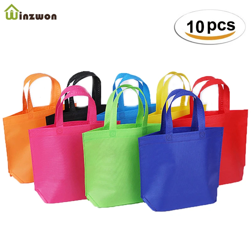 10PC Multi-use Gift Tote Bags Kids Birthday Party favor Non-woven Treat Bags 7 Solid Color with Handle Shopping Bag DIY Gift Bag