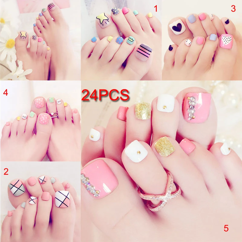 24 Pcs/Set Fresh Summer Style 3D Toe Fake Nails Foot Full Toes Nail Art Tips False Nails With Glue For Girls Acrylic Manicure