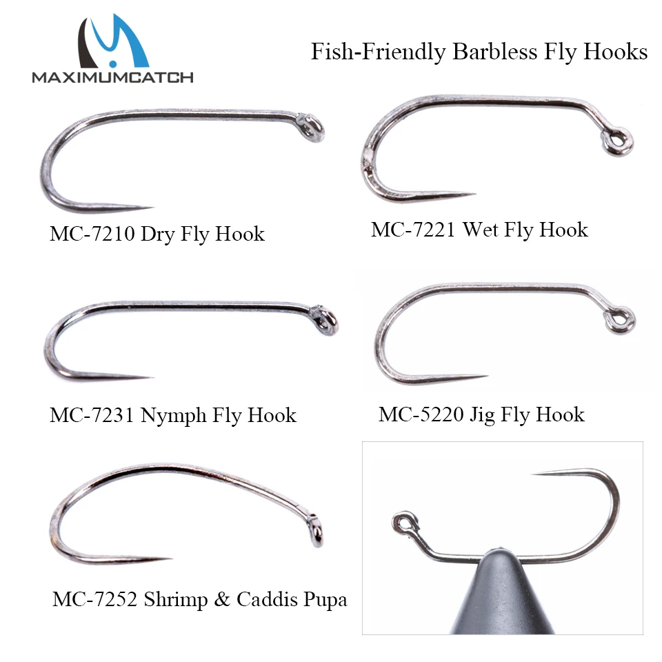 Maximumcatch 100pcs 10#12#14#16#18# Fish-Friendly Barbless Fly Tying Hooks Dry&Wet&Nymph&Shrimp Caddis Pupa Jig Fishing Hooks