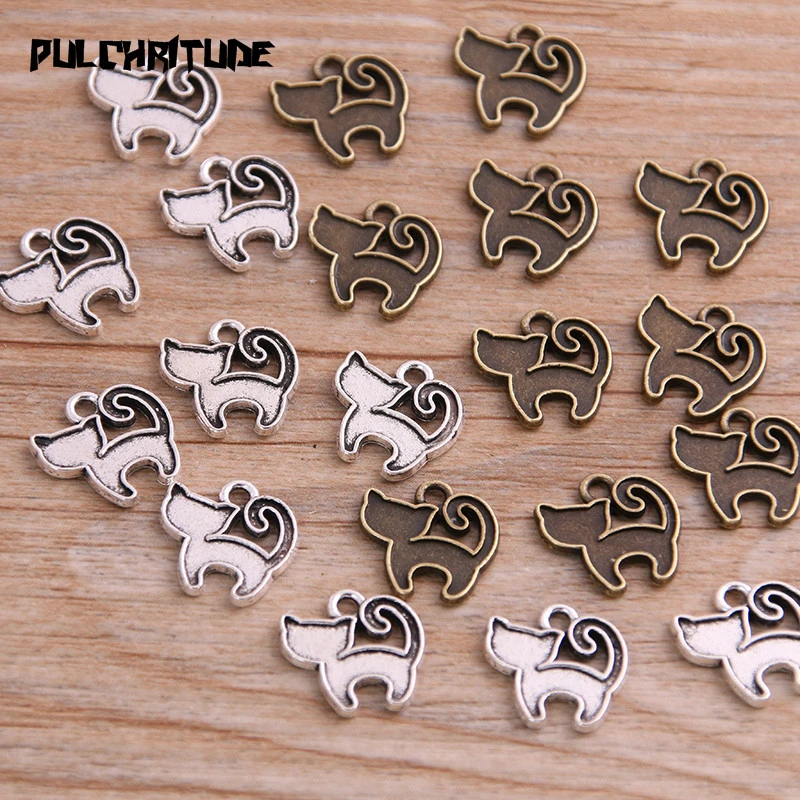 40PCS 13*13mm New Product Two Color Small Cat Charms Animal Pendant Jewelry Metal Alloy Jewelry Marking