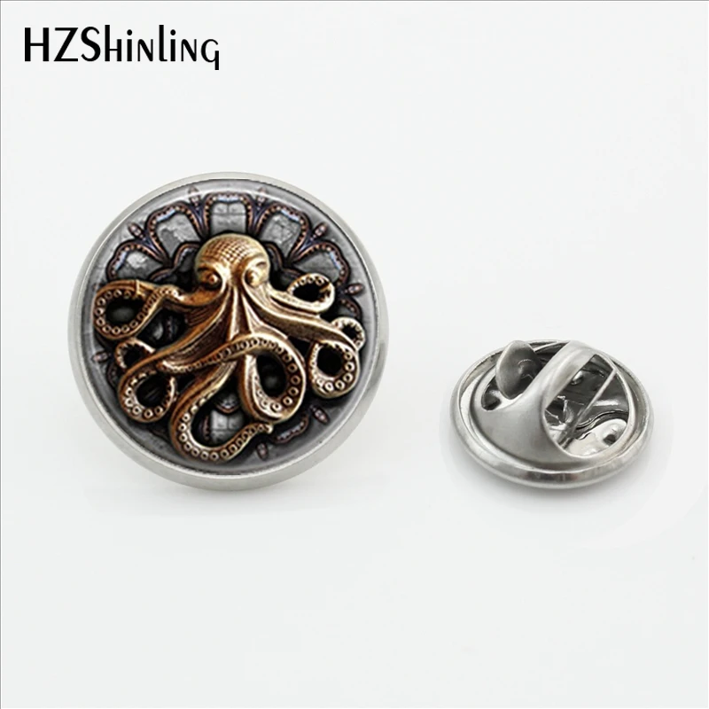 2018 New Arrival Steampunk Octopus Butterfly Clasp Pin Cartoon Painting Lapel Pins Gifts Men Women Glass Dome Art Jewelry