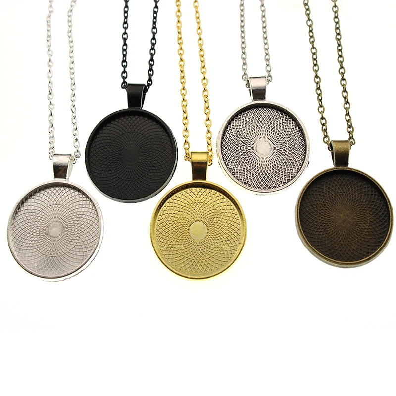 5pcs inner 25mm Round Necklace Pendant with Chains Necklace Clasp Settings Cabochons Bases Bezel Blank Trays DIY Cabochon Cameo