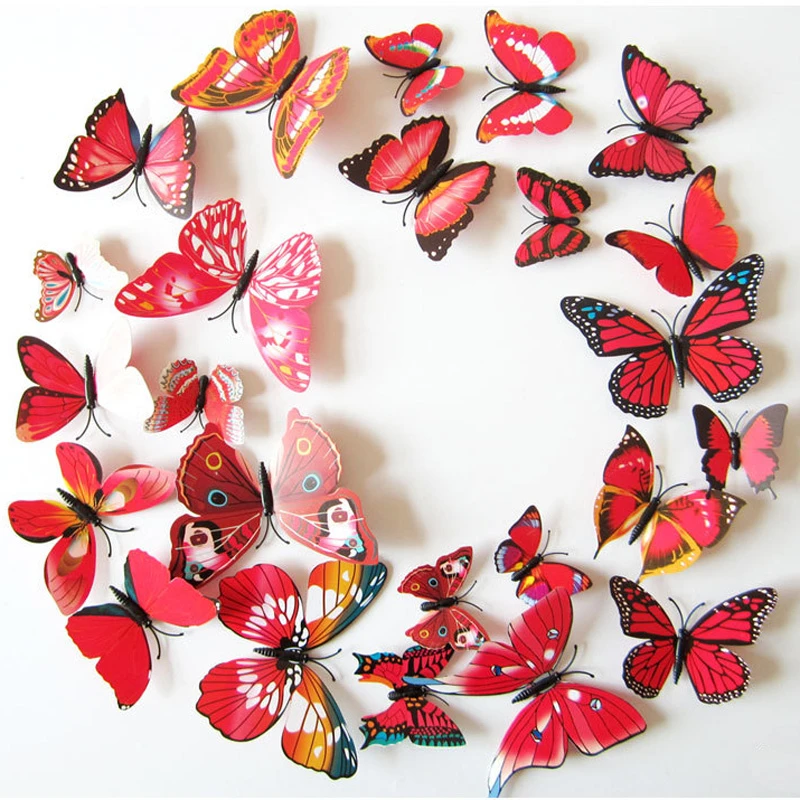 12 Pcs Red/White Butterflies Wall Sticker for Home Decor 3D Butterfly on the wall Magnet Fridage DIY stickers wedding Decoration