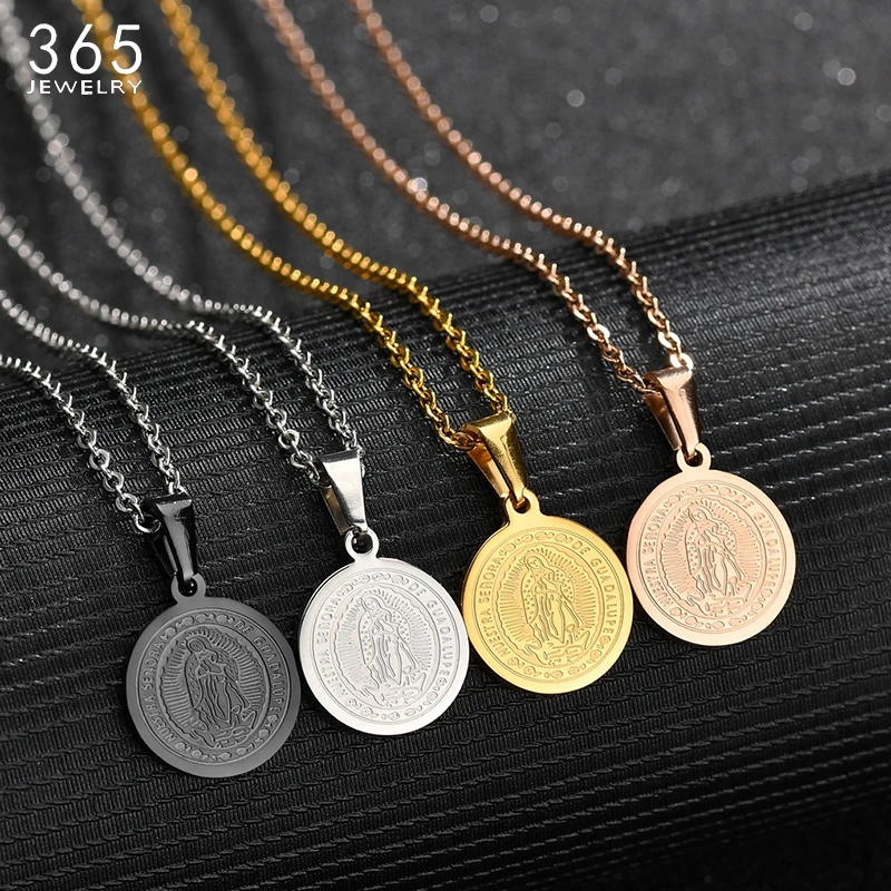 Simple Vintage Stainless Steel Virgin Mary Body Coin Necklace Women Men Gold Goddess Madonna Round Necklace Religious Jewelry