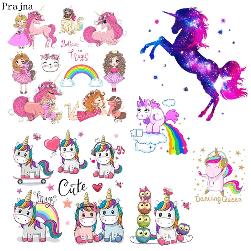 Prajna Unicorn Iron On Heat Transfers Vinyl Cartoon Ironing Thermal Stickers On Kids T-shirt DIY Patches For Clothing Applique