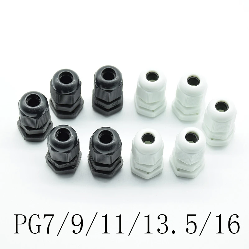10pcs IP68PG7 PG9 PG11 PG13.5 PG16 for 3-6.5mm-14mm  Wire Cable CE White Black Waterproof Nylon Plastic Cable Gland Connector