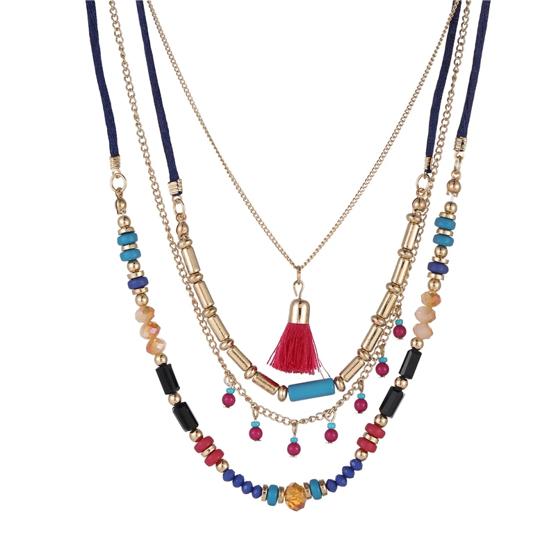 Bohemian Multi Color Layers Necklaces Colorful Beads Tassel Maxi Long Ethnic Chain Jewelry Statement Necklace For Women Collar