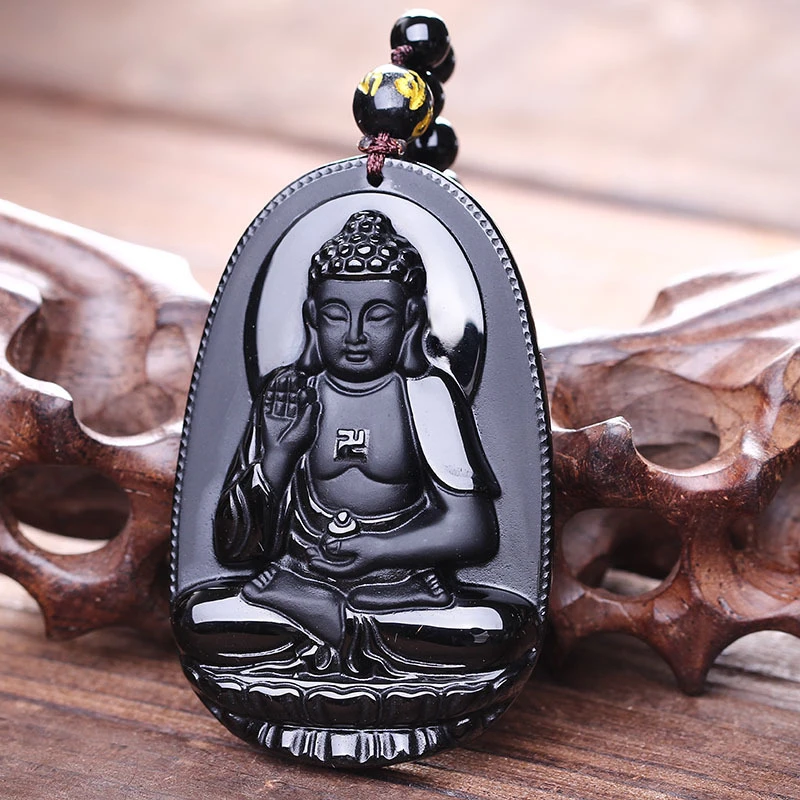 Amitabha Black Obsidian Carved Buddha Lucky Amulet Pendant Necklace For Women Men pendants Jewelry Drop Shipping