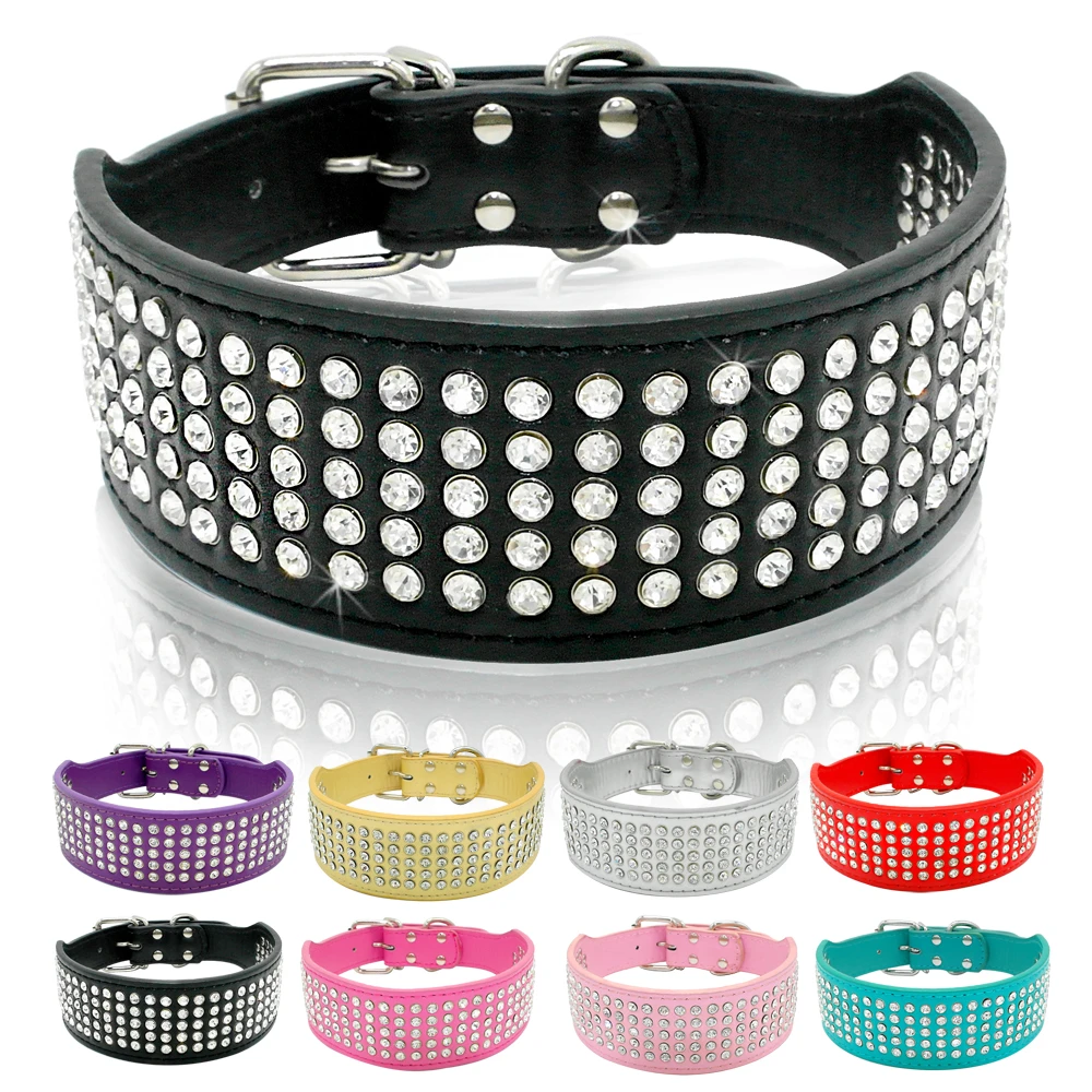 Rhinestone Leather Dog Collars Bling Diamante Crystal Studded Dogs Pet Collars 2inch Wide for Medium & Large Dogs Pitbull Boxer