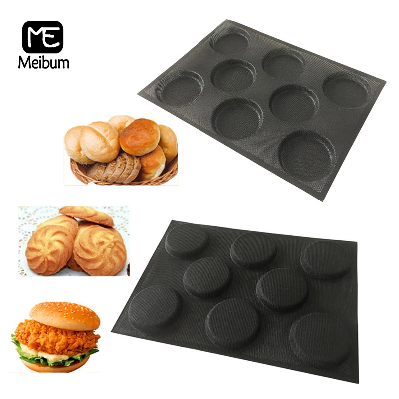 Meibum 8 Cavity Black Porous Silicone Mold Cookie Hamburger Mould Round Shape Bread Eclair Tray Non Stick Bakeware Baking Tools