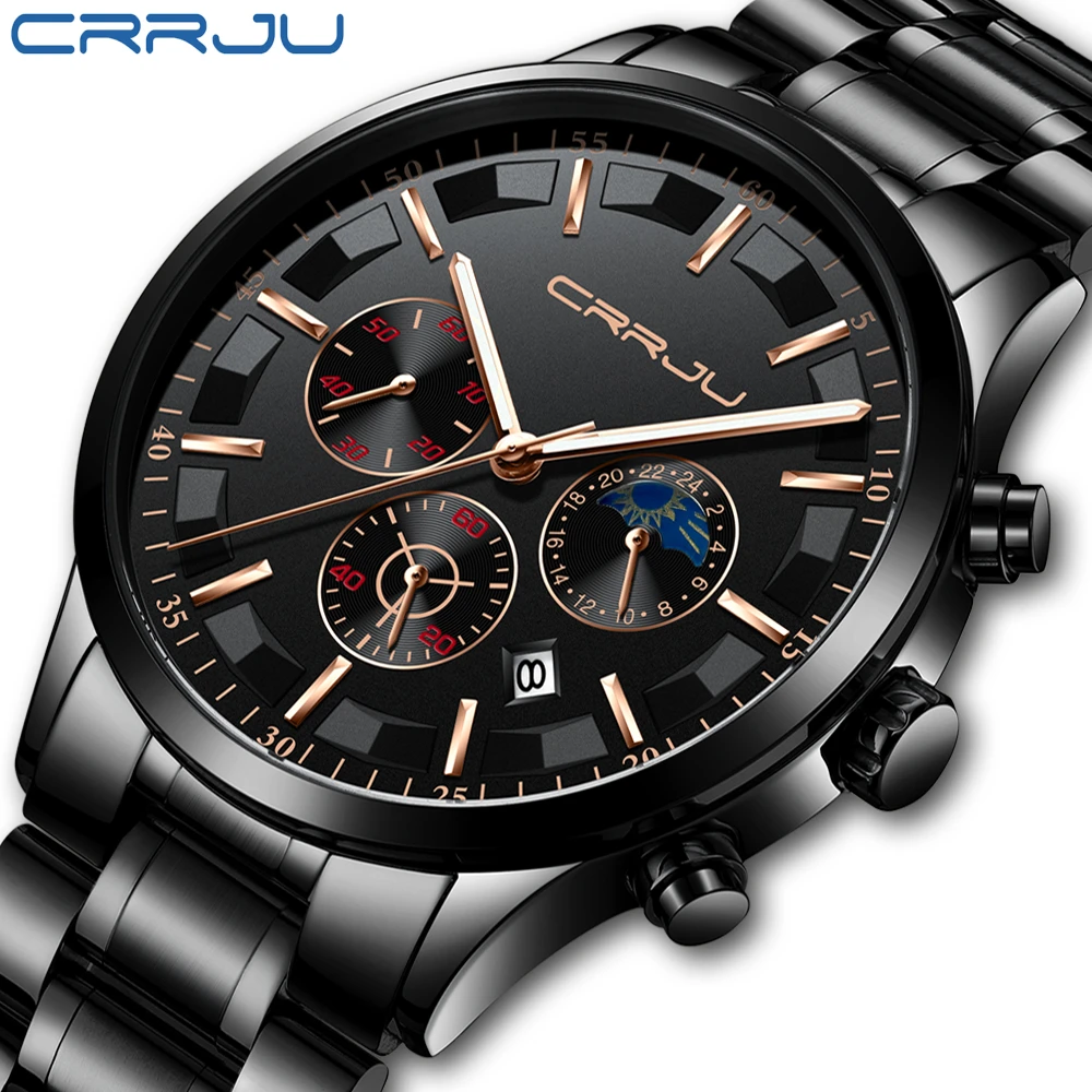 CRRJU Mens Watches Top Brand Luxury Fashion Business Quartz Watch Men Sport Full Steel Waterproof Black Clock Relogio Masculino