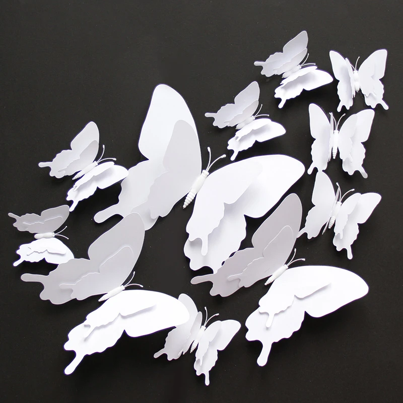 Large size 12pcs/set 3D Double layer White butterfly Wall Sticker Home decoration18cm Butterflies on wall Magnet Fridge stickers