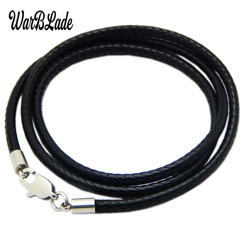 WarBLade 1.5mm 2mm 3mm Leather Cord Black Necklace Chain Stainless Steel Lobster Clasp Connector Round Waxed Rope For Men Women
