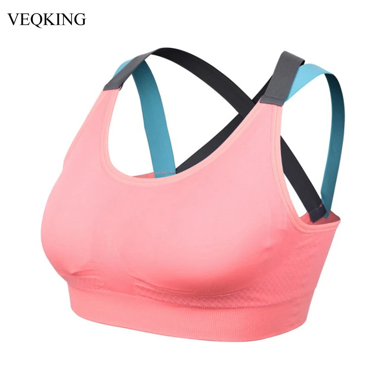 VEQKING Sport Shirt Women Running Sport Bra Stitching Color Quick Dry Fitness T-shirt Gym Shirt Yoga Sports Bra Top for Women