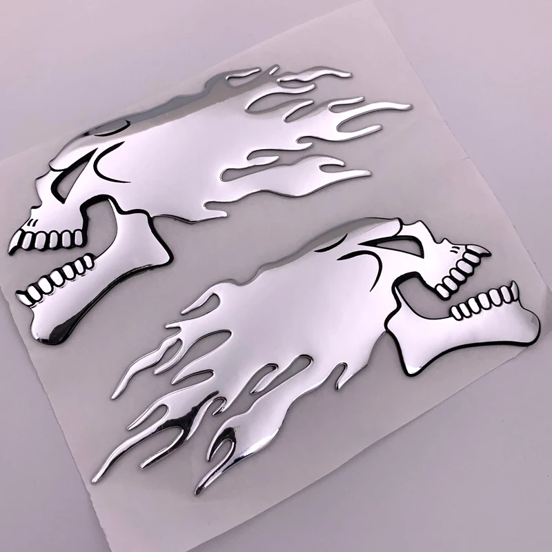 FASP 2Pcs/Pair  Silver fire 3D  Ghost Skull Head Auto Motorcycle Car Sticker Emblem Decals