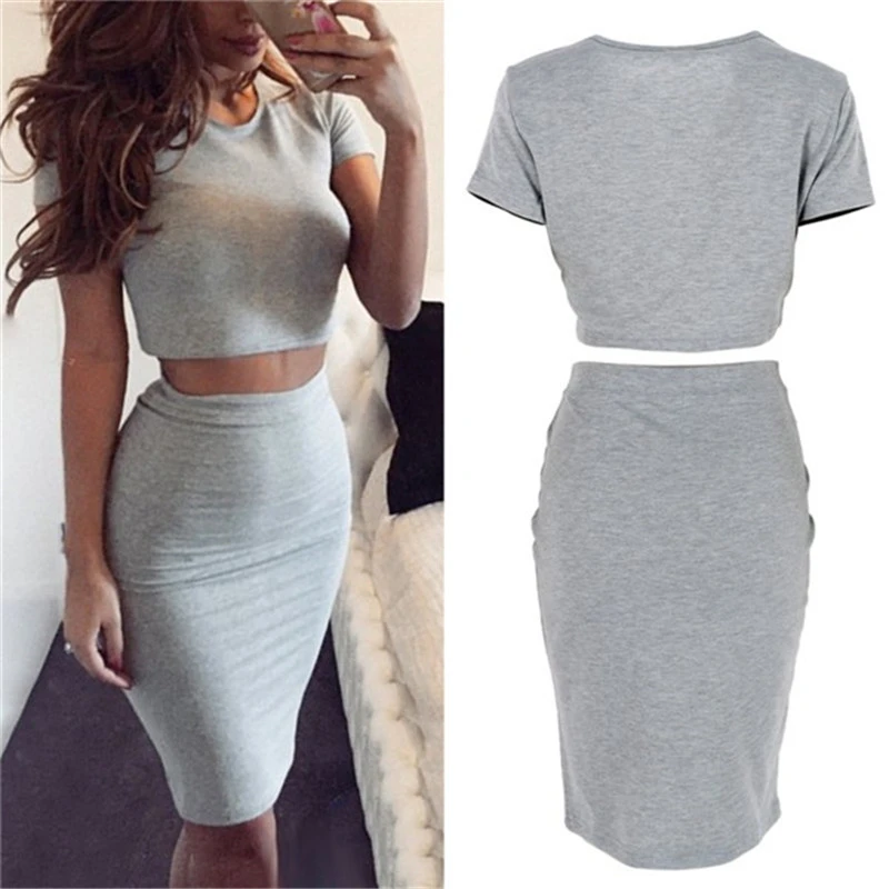 Summer Short Sleeve Top Women's Club Skirt Two Piece Outfits  Midi Skirts Sexy Party Bodycon Vestidos